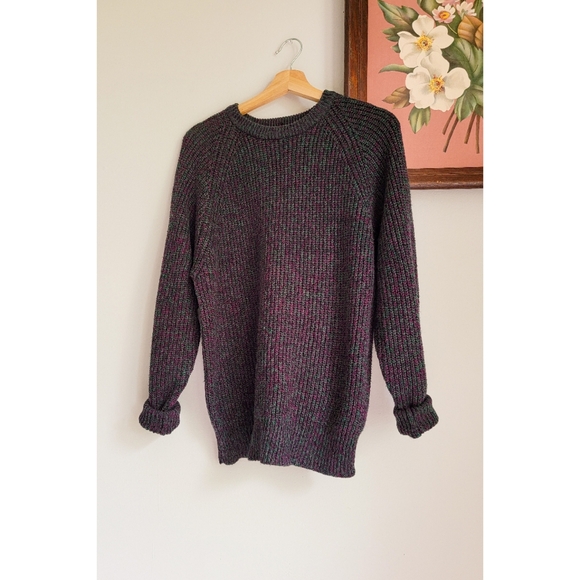 90s Ribbed Crewneck Sweater 1990s Vintage Black Space Dye / Heathered Rib Knit - Picture 3 of 14